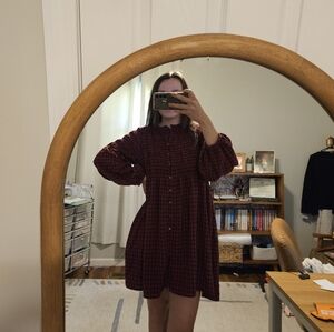 Brass & Row Long Sleeve Smocked Checker Gingham Print Pink Dress